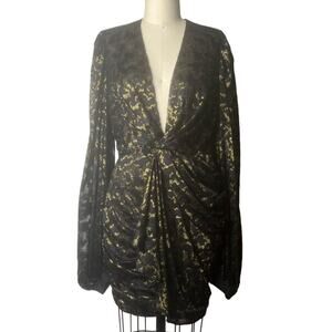 House of CB Lace Black & Gold Plunge Balloon Sleeve Draped Mini Cocktail Dress